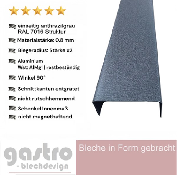 U-Profil Aluminium RAL 7016 Anthrazitgrau 0,8 mm im Querschnitt auf weißem Hintergrund“